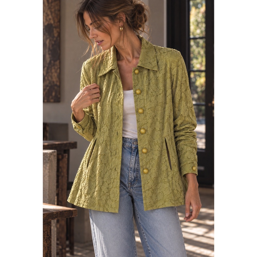 Vintage 90s URU Floral Crinkle Textured Art to Wear Swing Jacket Green M USA